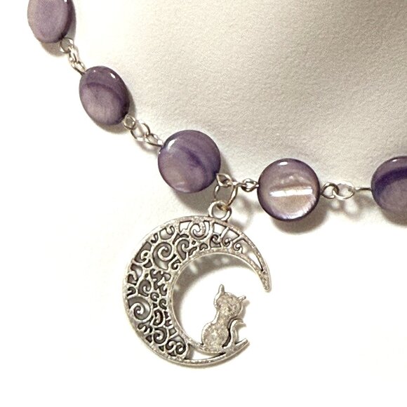 Purple Mother of Pearl Beaded Short Necklace + Cat on the Moon Pendant - Picture 1 of 13